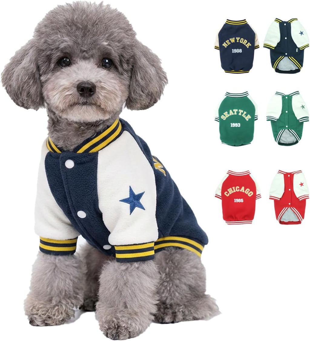 Small Dog Fleece Varsity Jacket for Winter, Warm Pet Coat with Snap Buttons, Cold Weather Heavyweight Coats for Cats