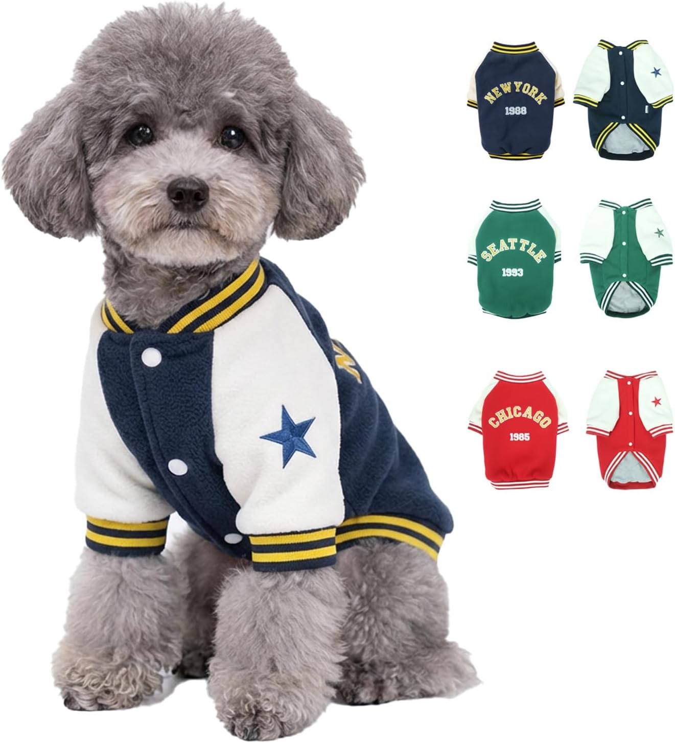 Small Dog Fleece Varsity Jacket for Winter, Warm Pet Coat with Snap Buttons, Cold Weather Heavyweight Coats for Cats