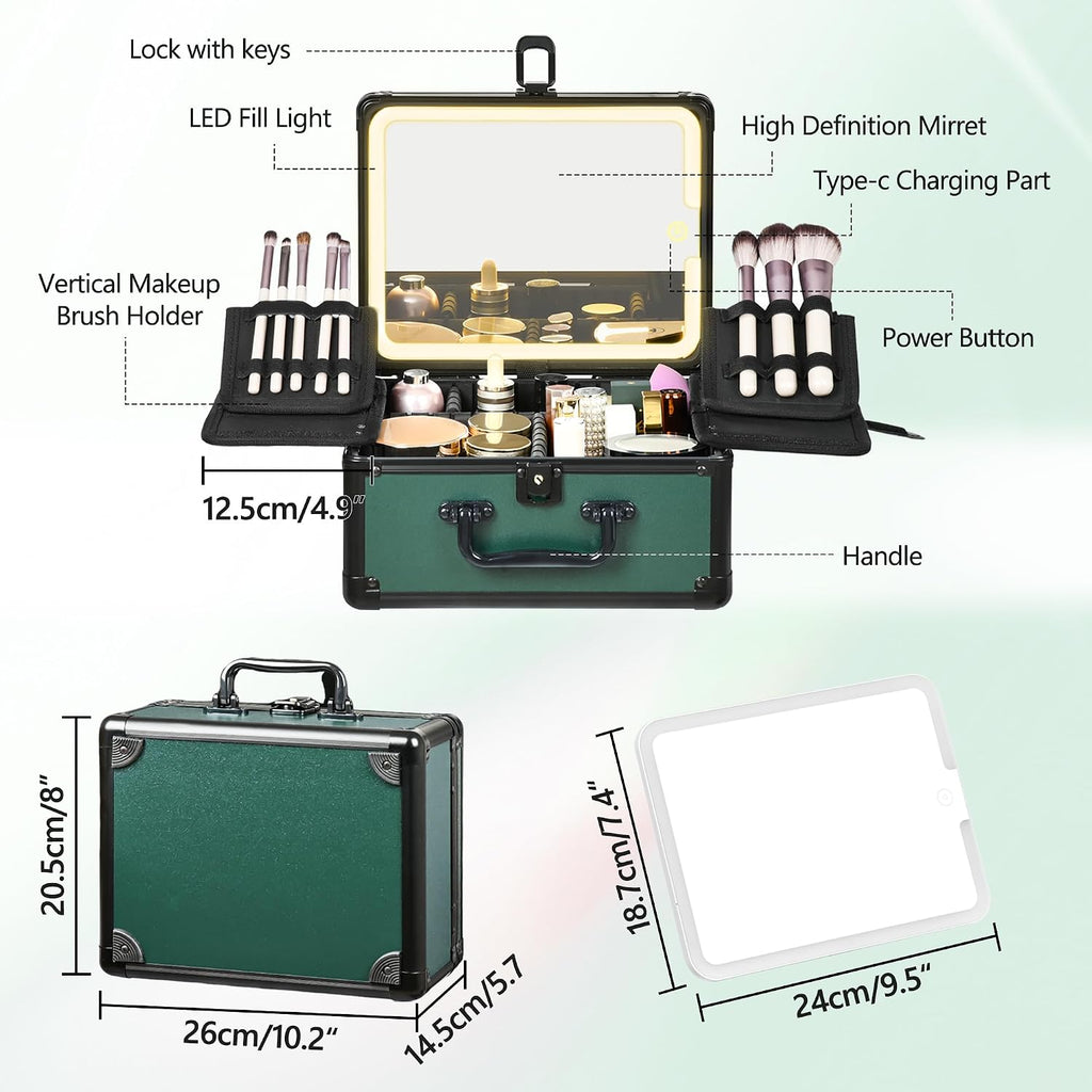 Makeup Case with Lighted Mirror, Makeup Box Organizer with Detachable LED Mirror, Travel Makeup Train Case