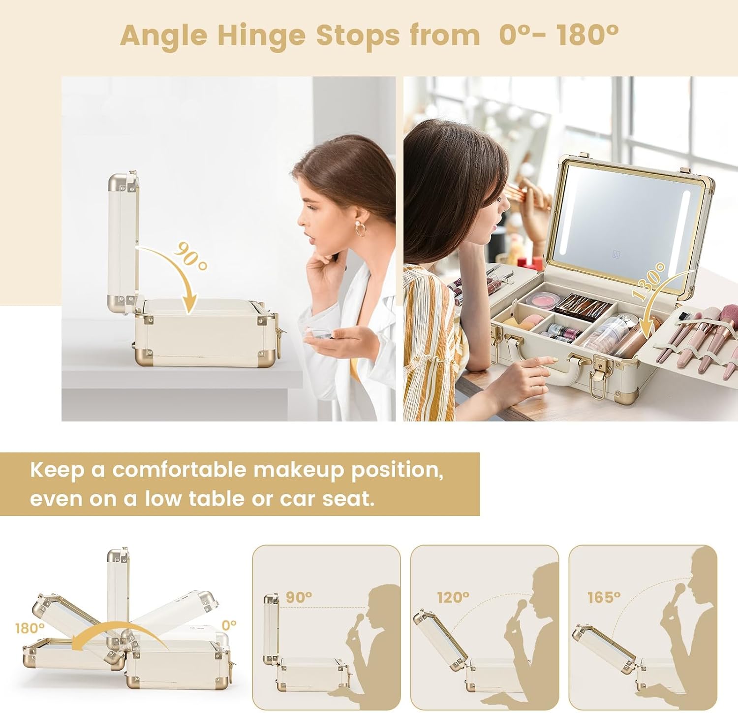 Lighted Makeup Case with Detachable Tray, Beige Vegan Leather Makeup Box Rechargable 3-Color LED Mirror, Travel Train