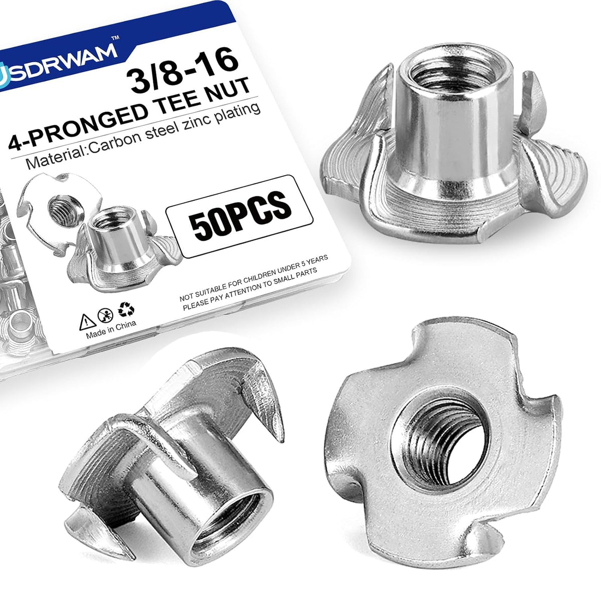 50PCS 3/8"-16 T Nuts for Wood, Zinc-Plated 4-Prong Tee Nuts