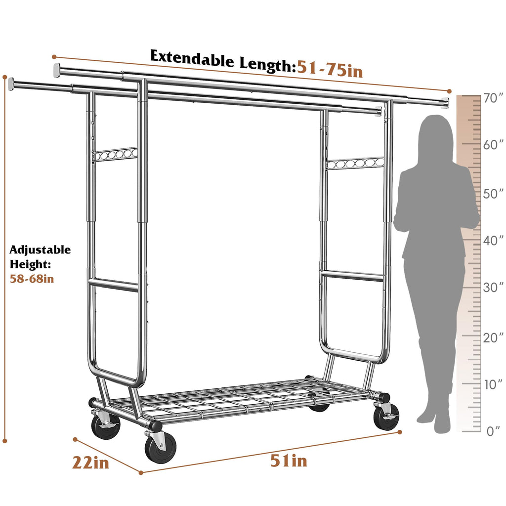 Heavy Duty Clothes Rack 650LBS Double Rods with Shelf Collapsible
