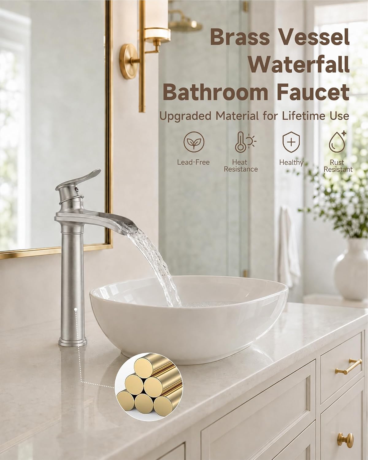 Vessel Sink Faucet Brushed Nickel Tall Waterfall Bathroom Faucet