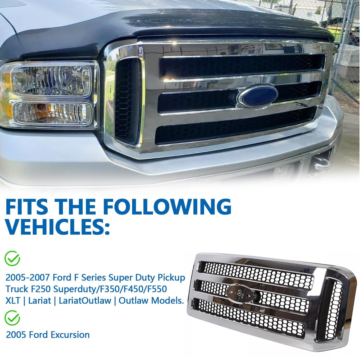 Perfit Liner Front Grille Grill Fits FORD F250 05-07 Chrome