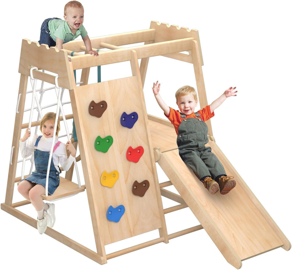 8-in-1 Indoor Playground, Indoor Jungle Gym for Toddlers, Kids Climbing Toys Indoor, Wooden Montessori Climber