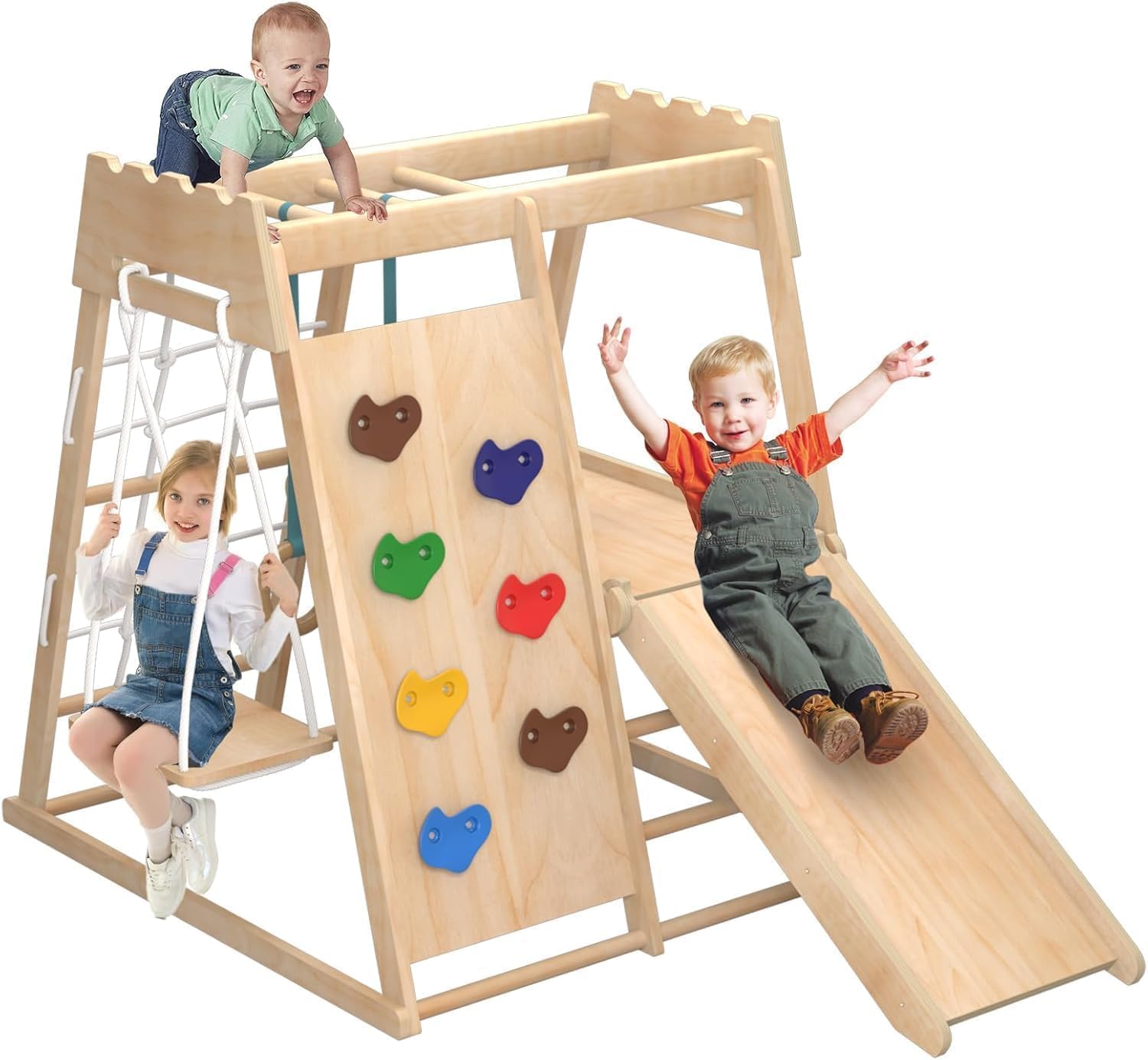 8-in-1 Indoor Playground, Indoor Jungle Gym for Toddlers, Kids Climbing Toys Indoor, Wooden Montessori Climber
