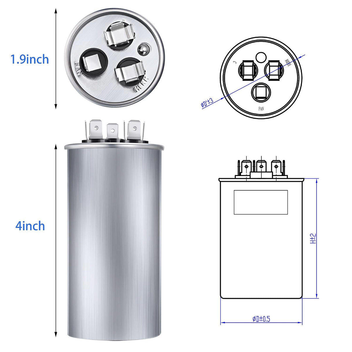 Fiada 30/5 MFD uF 370/440V CBB65 Dual Run Round Capacitor for AC Motor