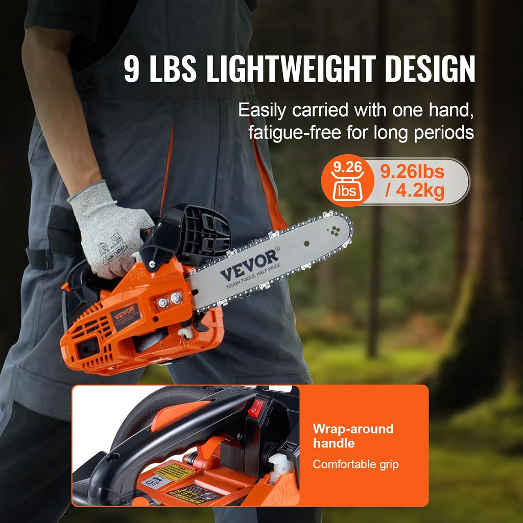 25.4 CC 2-Cycle Top Handle Gas Powered Chainsaw 12 Inch Petrol Handheld Cordless Chain Saw for Tree Wood Cutting