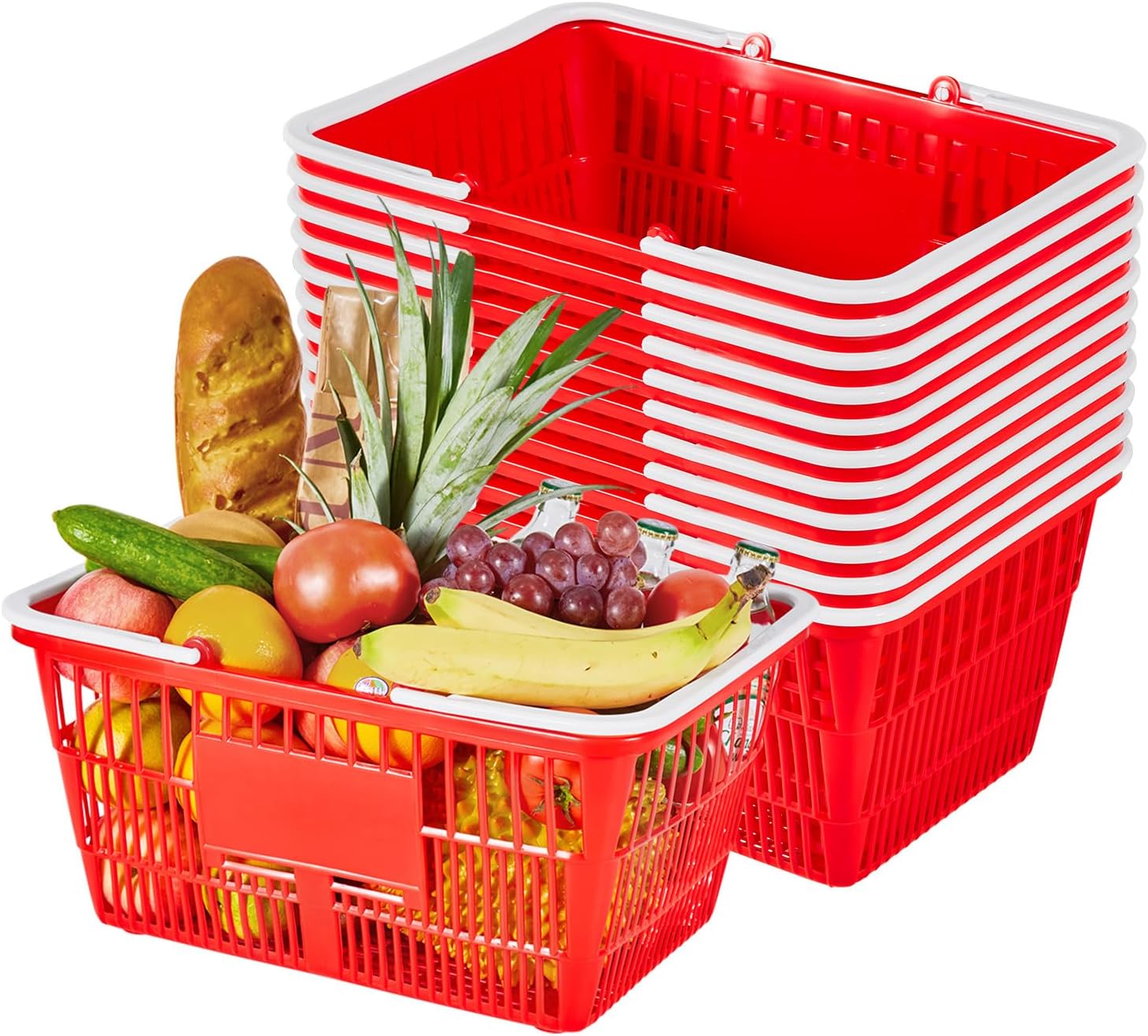 Shopping Baskets, 12 PCS, 21L Stackable PE Plastic Grocery Baskets with Handles, Dense Mesh Structure, Holds up to 20