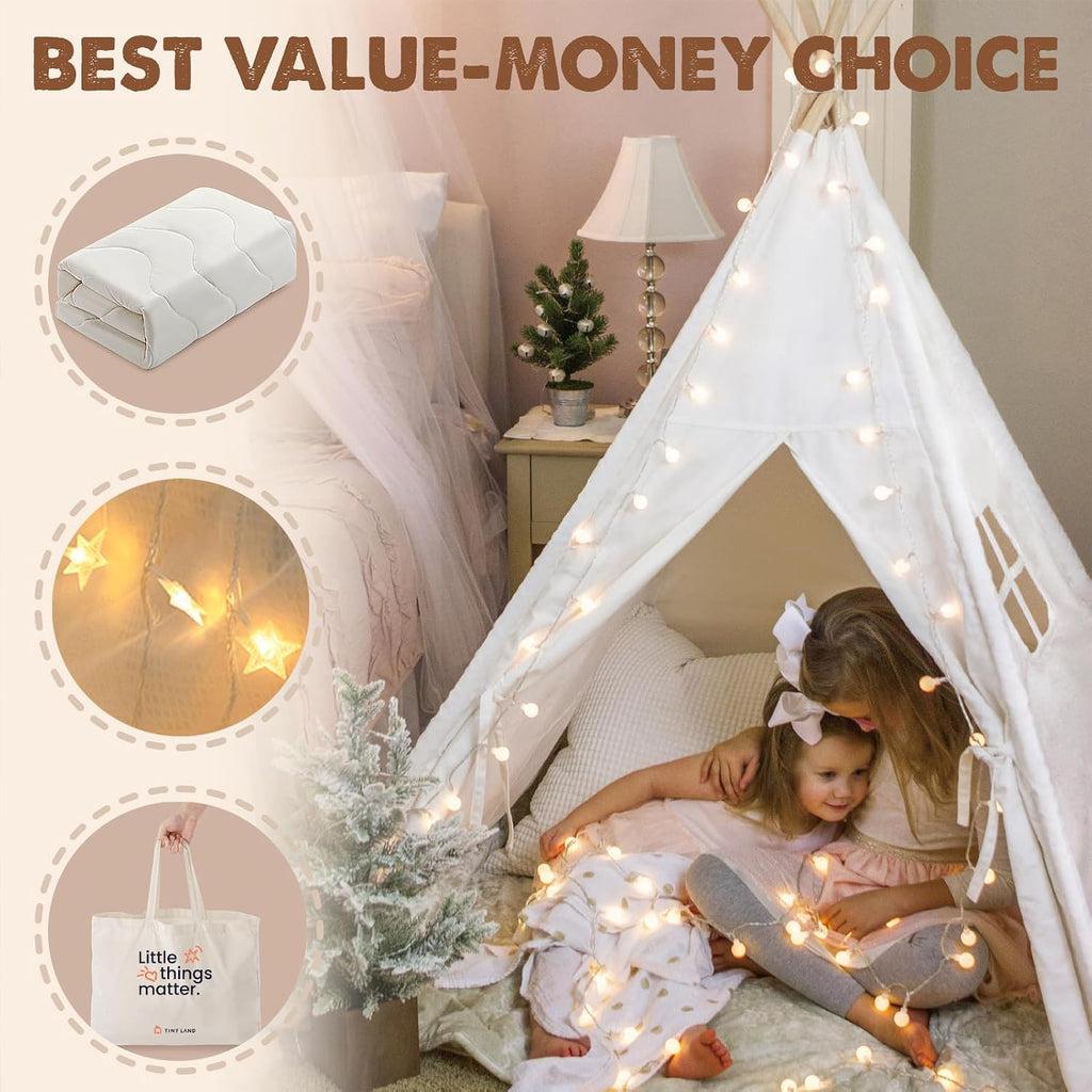 100% Cotton Canvas Teepee Tent for Kids with Mat & Star Lights | 47" × 47" × 60", Soft & Breathable Cotton Canvas