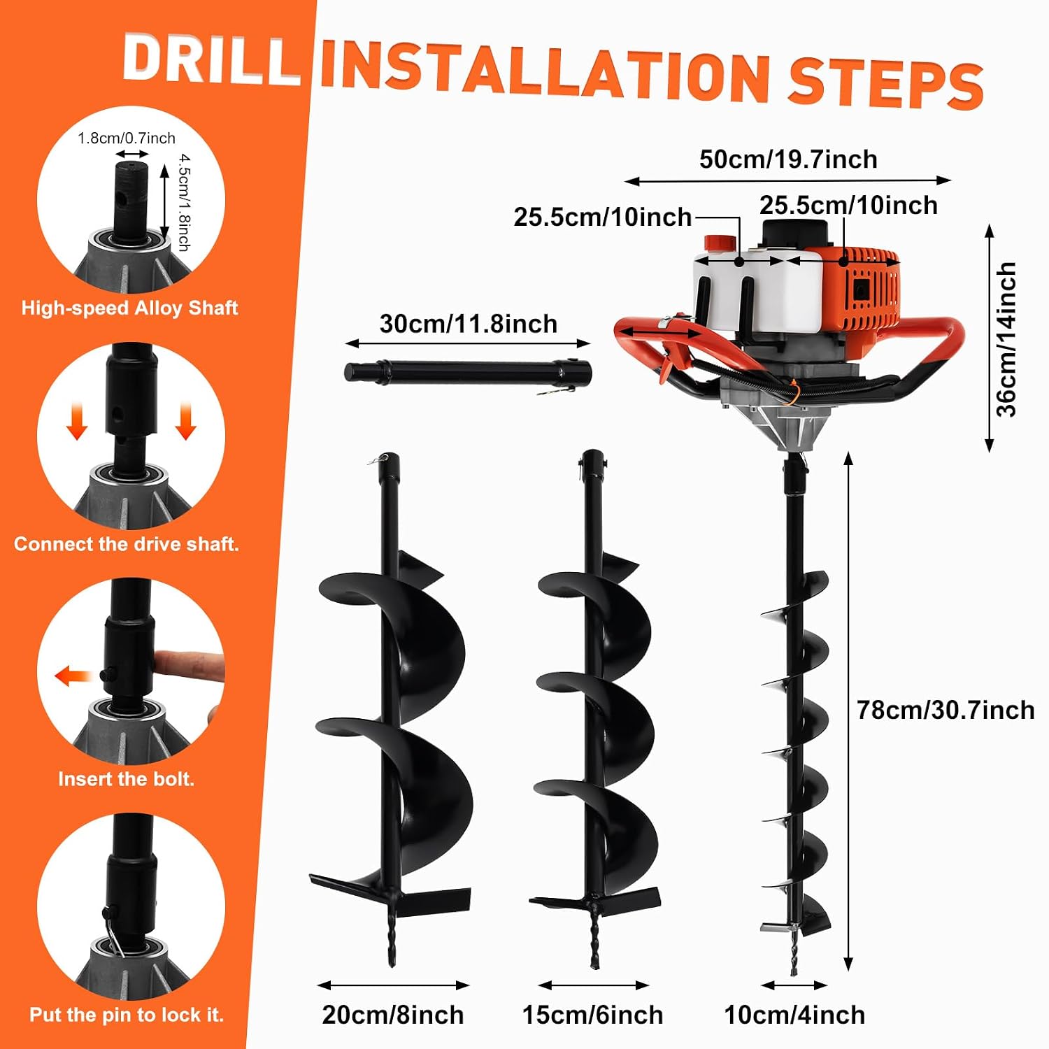 52cc Gas Powered Earth Auger Post Hole Digger Borer Fence Ground Drill 4inch / 6inch / 8inch Bits