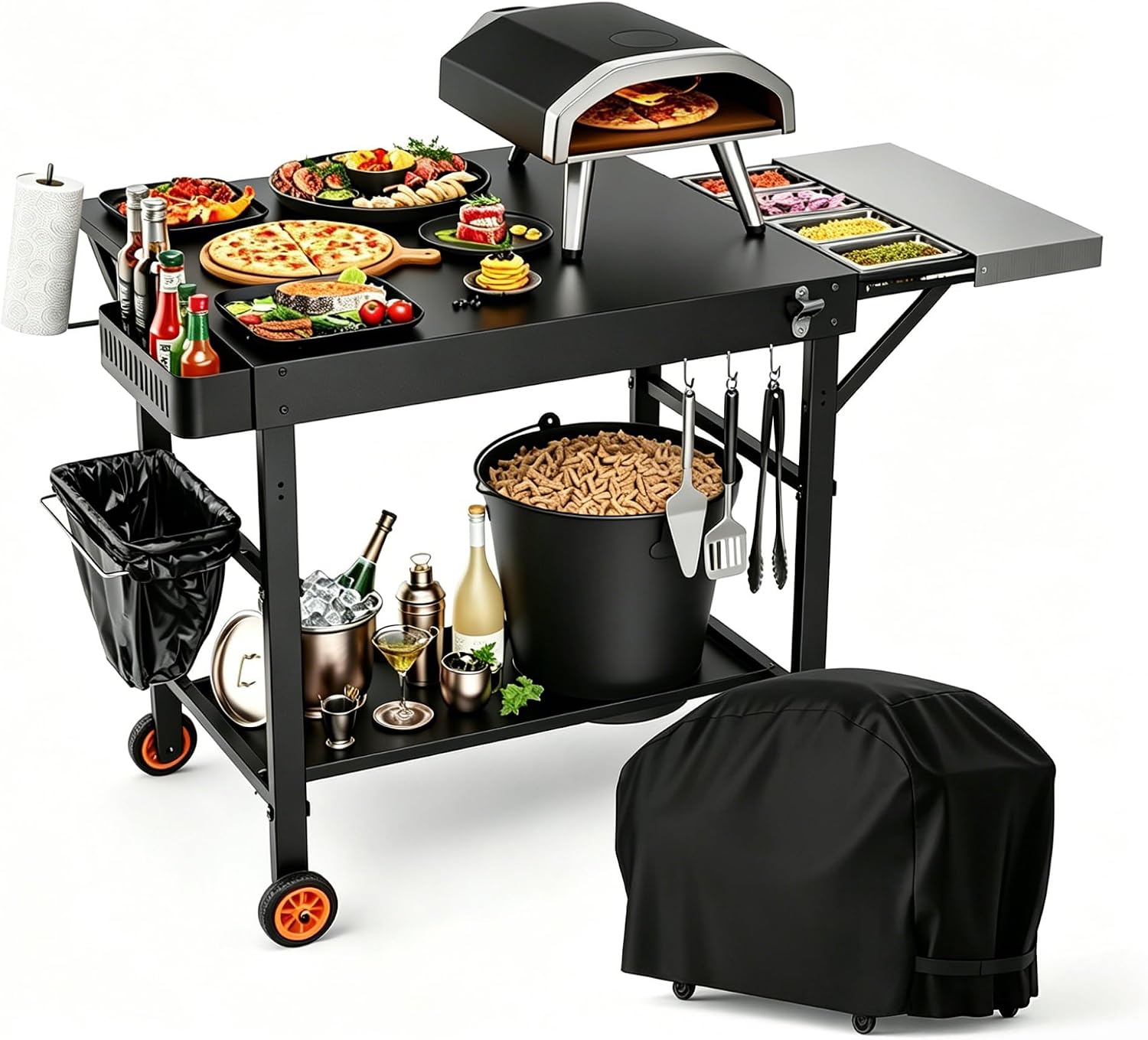 Outdoor Grill Table/Cart and Grill Cover for Pizza Oven Table, Large Space with Wheels Pizza Oven Stand& Heavy Duty