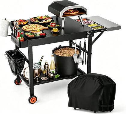 Outdoor Grill Table/Cart and Grill Cover for Pizza Oven Table, Large Space with Wheels Pizza Oven Stand& Heavy Duty