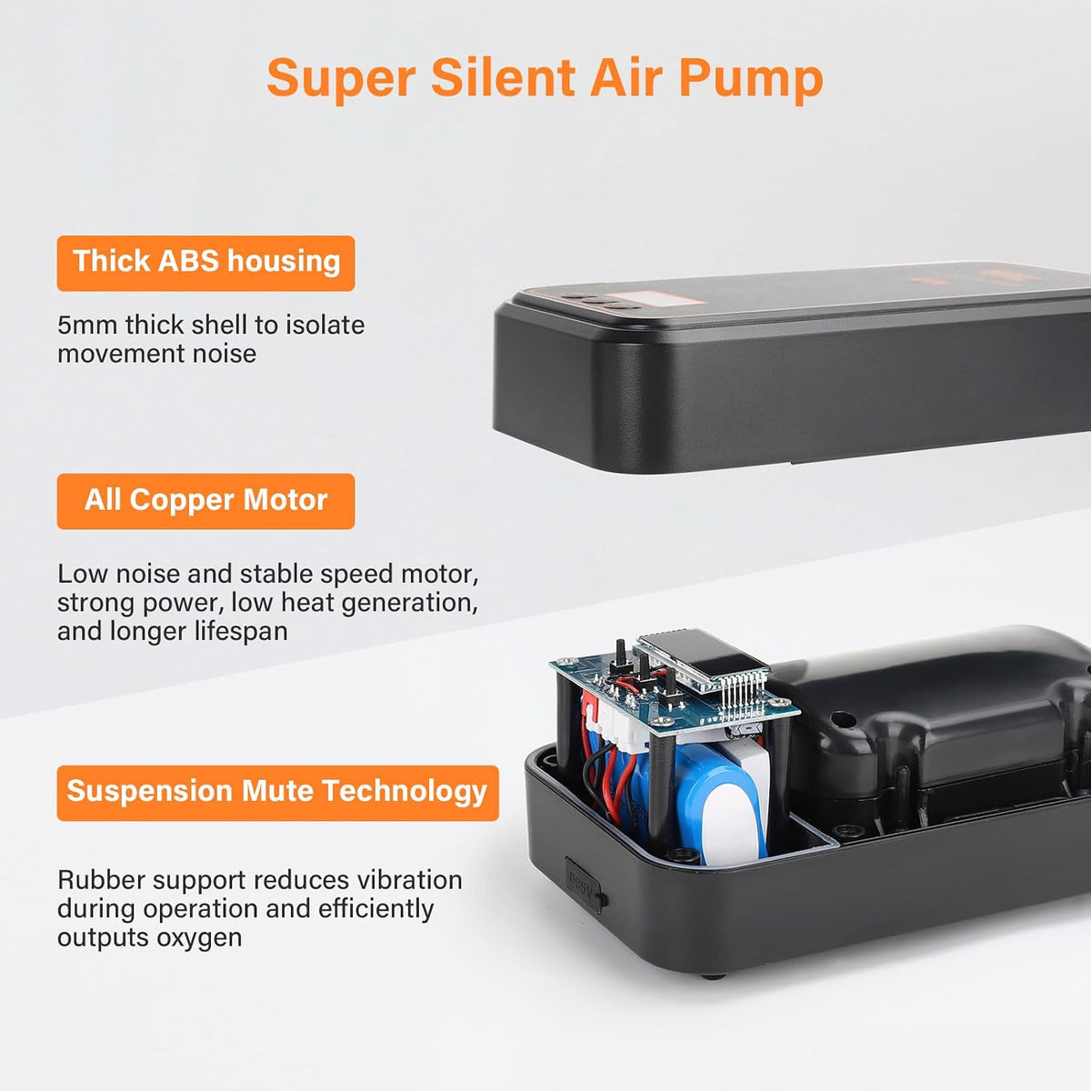 Aquarium Air Pump, Rechargeable Portable Oxygen Pump with Single/Dual Outlets, Ultra Quiet Battery Powered Air