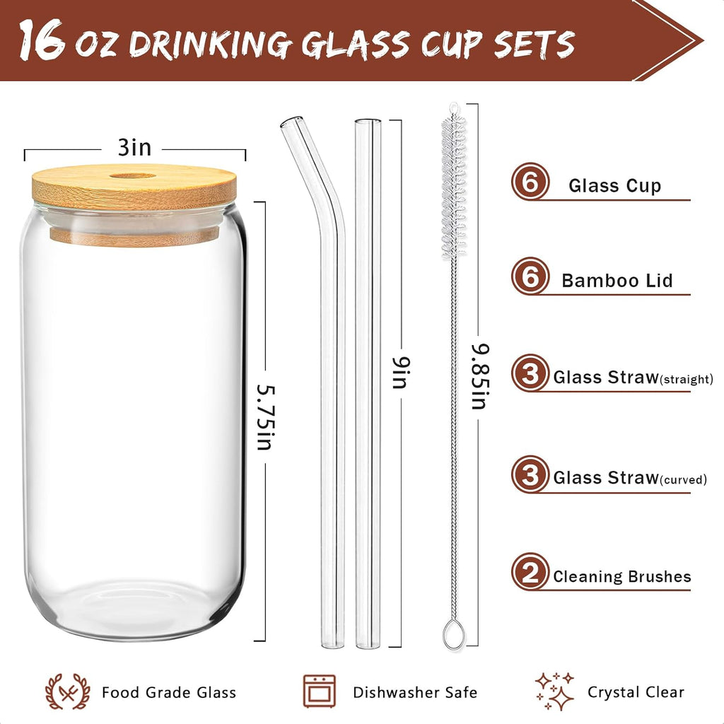 16 Oz Drinking Glasses - 8 Pcs Glass Cups with Bamboo Lids and Straws | Food-grade durable clear tumbler, Coffee bar