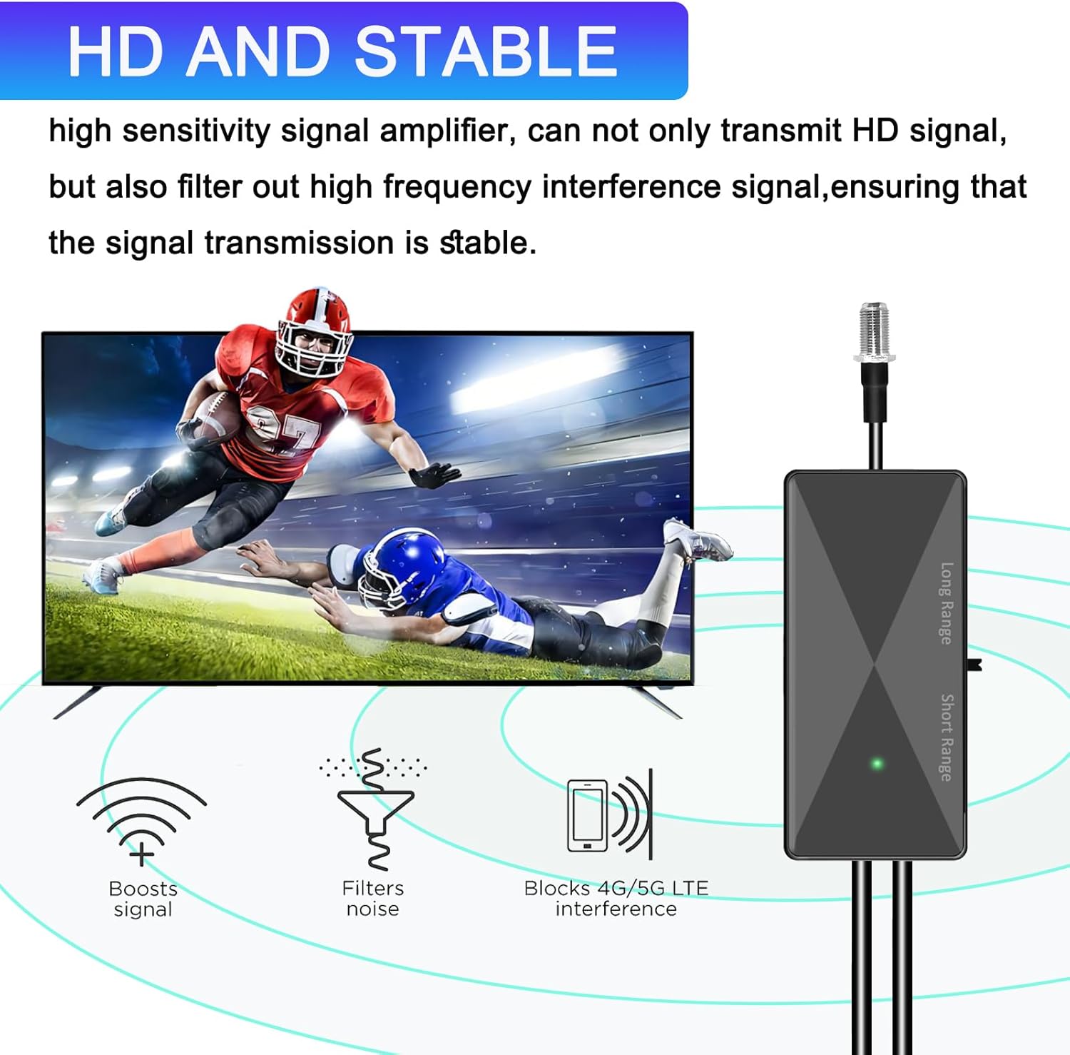 TV Antenna Amplifier, High Gain Indoor Antenna Signal Booster，Black | Powerful Antenna Booster, Clear Up Pixelated