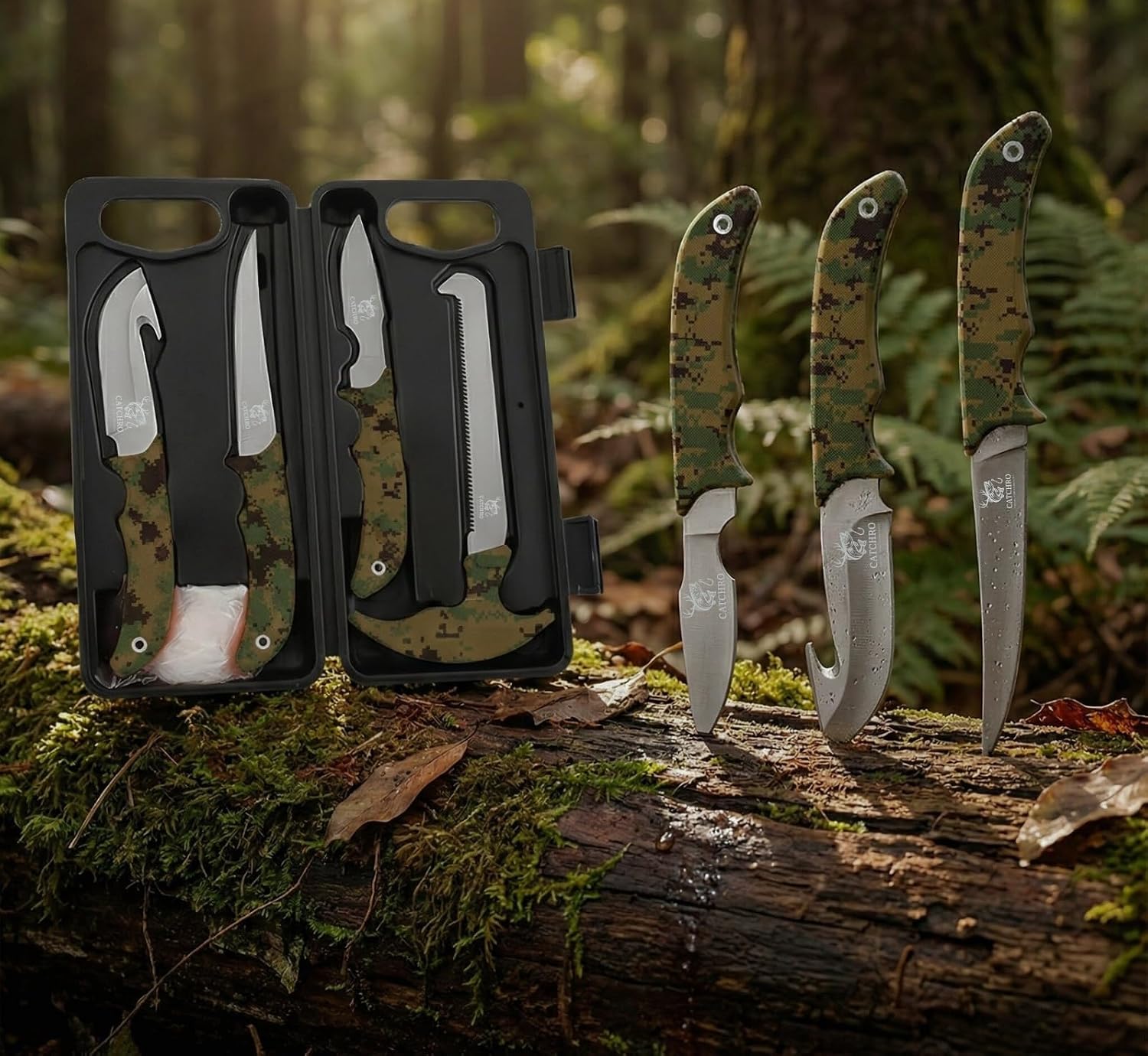 CATCHRO Hunting Knife Set 4 PCS Deer Gutting Kit with Bone Saw, Skinning Knife & Gut Hook Knife – Outdoor Knife Set