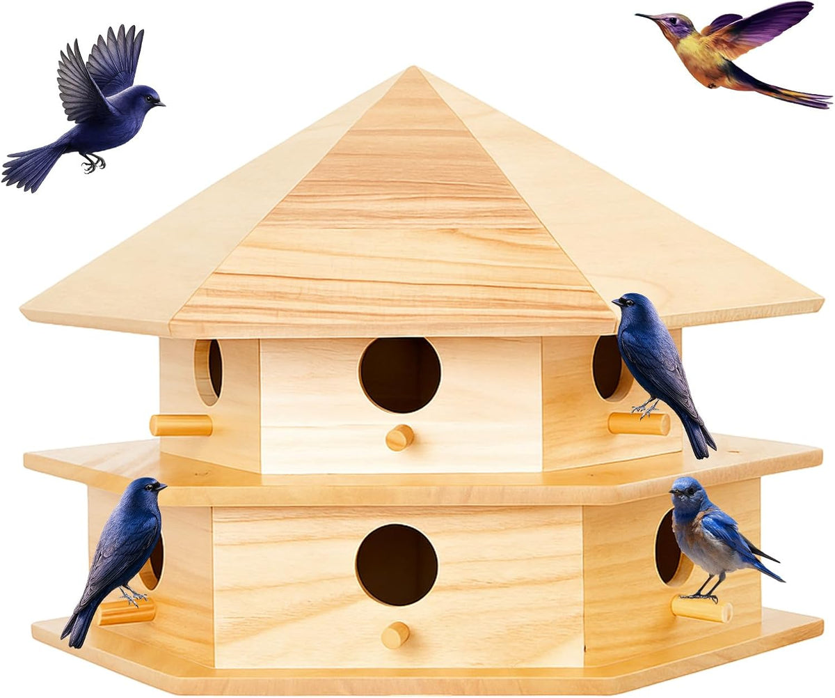 Purple Martin House, 12 Room Martin BirdHouses for Outside, Sycamore Wood Construction & Waterproof(Wood Color,16.54