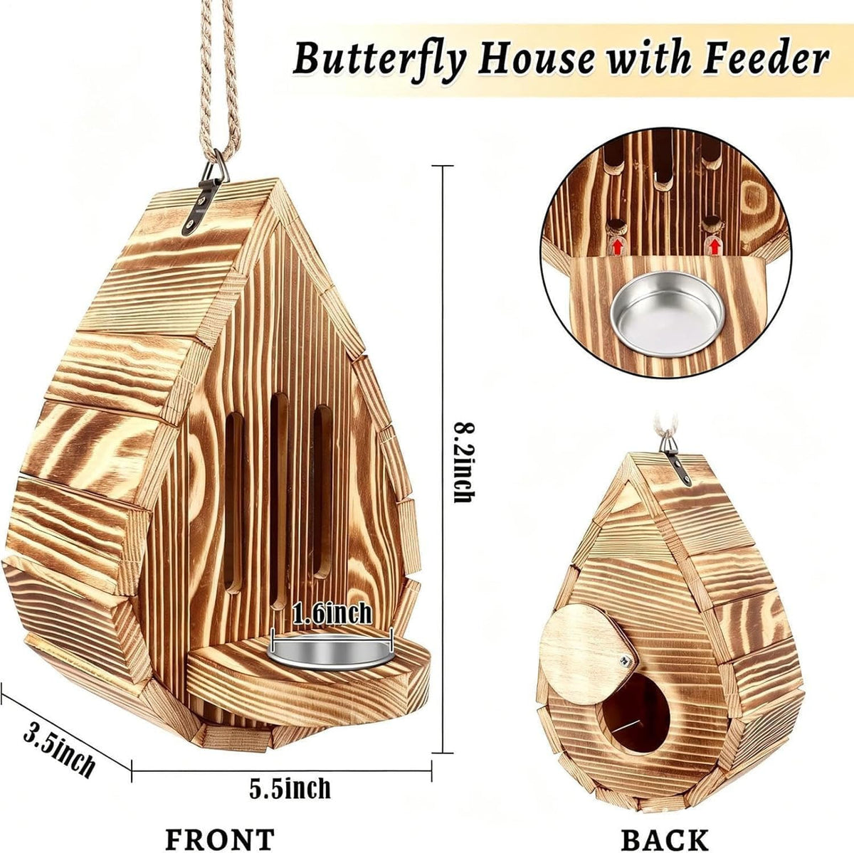 Wooden Hanging Butterfly House for Outside, Butterfly Habitat & Feeder for Garden, Natural Butterflies Habitat with