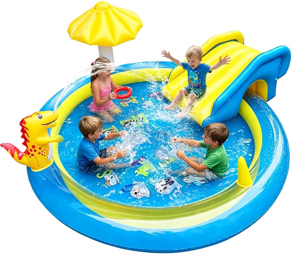Dinosaur Inflatable Play Center, Kids Round Wading Swimming Pool with Slide, Dinosaur Sprinkle, Mushroom Shade for