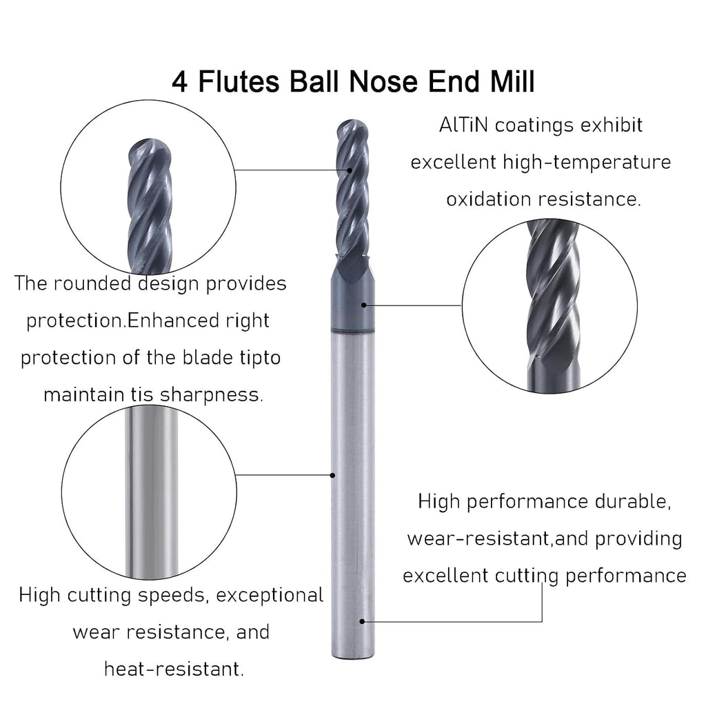 3/32" 4 Flute Carbide Ball Nose End Mill 1/8" Shank Diameter 1Pcs