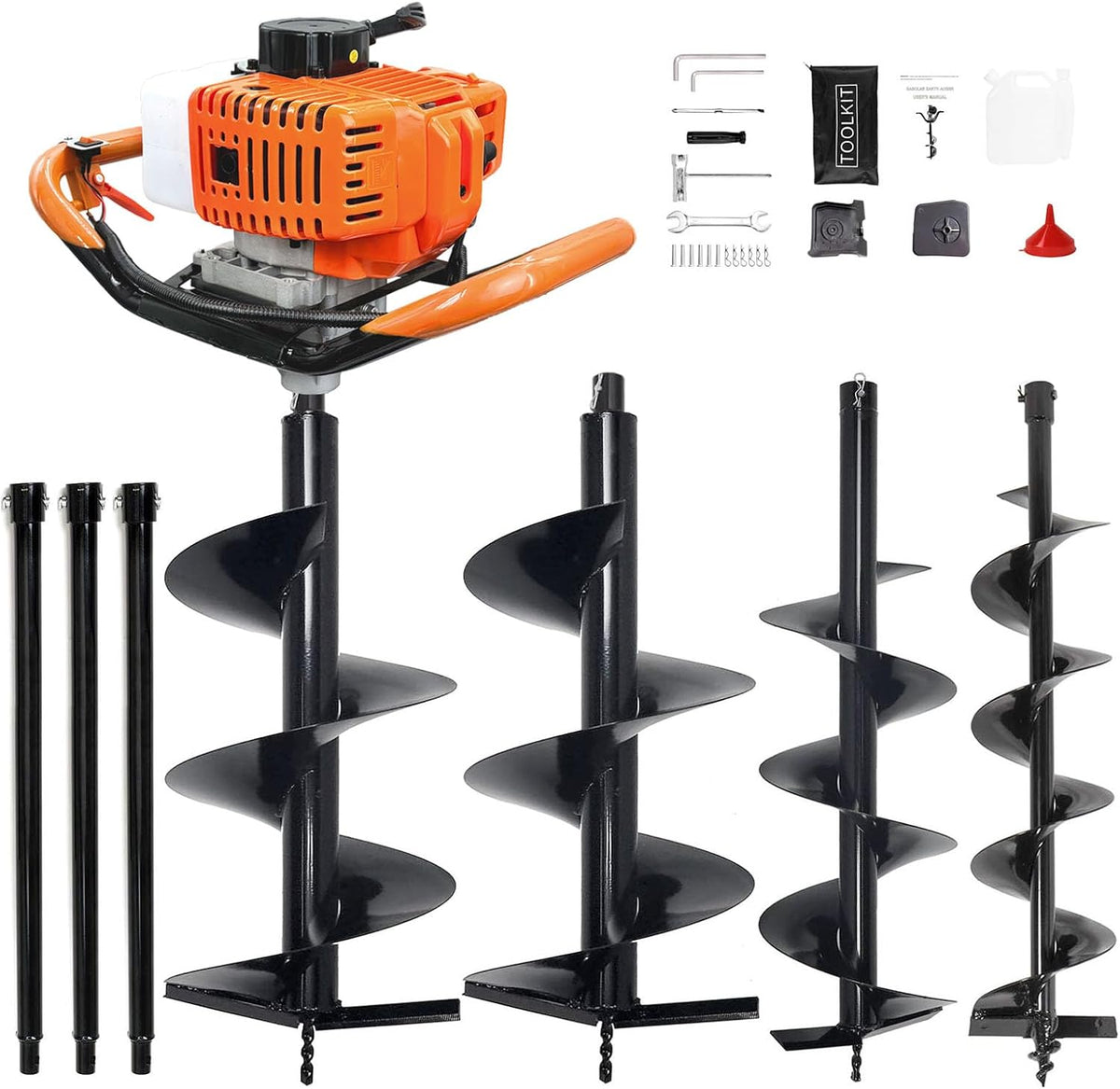 62CC 2-Stroke Gas Powered Post Hole Digger with 3" & 5" & 8" Auger Bits + 24“ & 24" & 24" Extension Rod, Heavy Duty