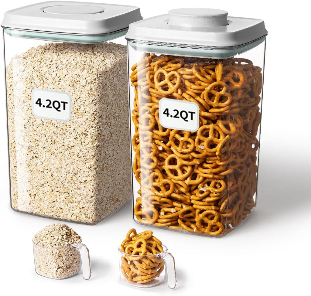 Airtight Food Storage Container with Pop Lid & 130ml Scoop, 4L/4.2qt *2 BPA-Free Cereal, Rice, Flour, Pasta & Snack