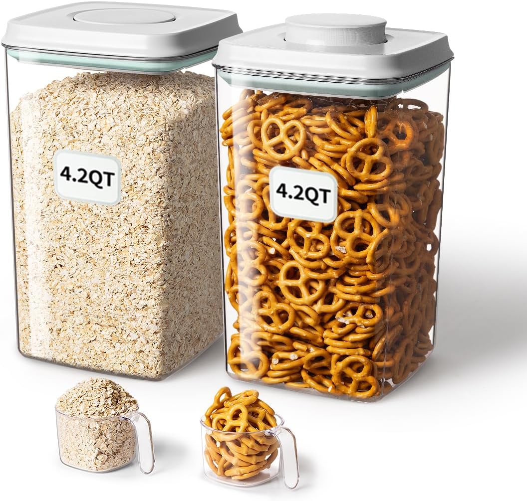 Airtight Food Storage Container with Pop Lid & 130ml Scoop, 4L/4.2qt *2 BPA-Free Cereal, Rice, Flour, Pasta & Snack