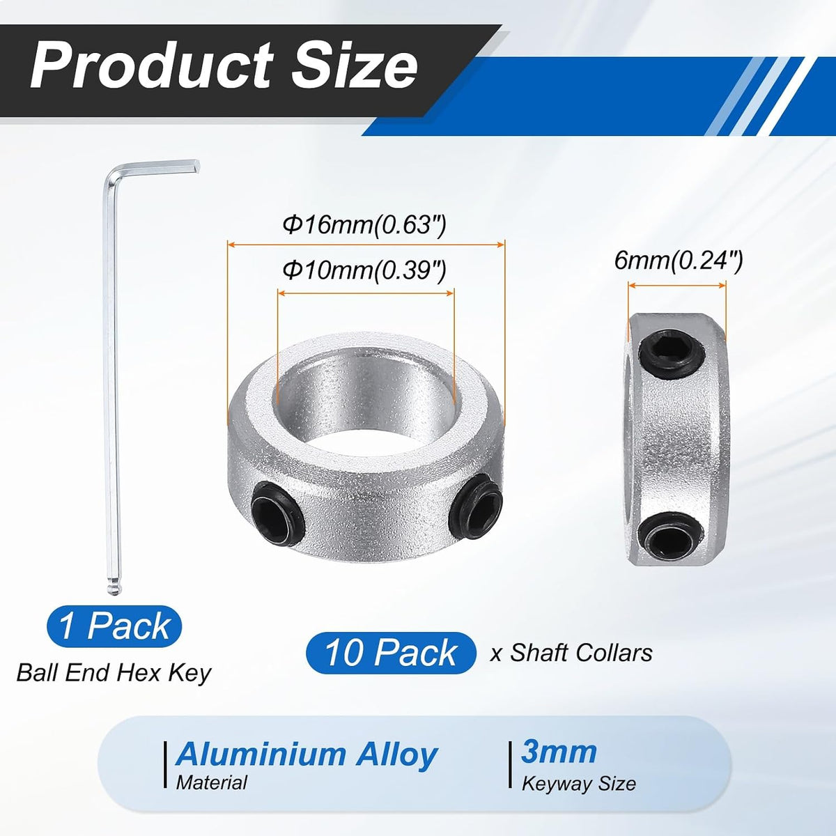 MECCANIXITY 10Pack Shaft Collar 10mm Bore 6mm Thick 16mm OD Silver