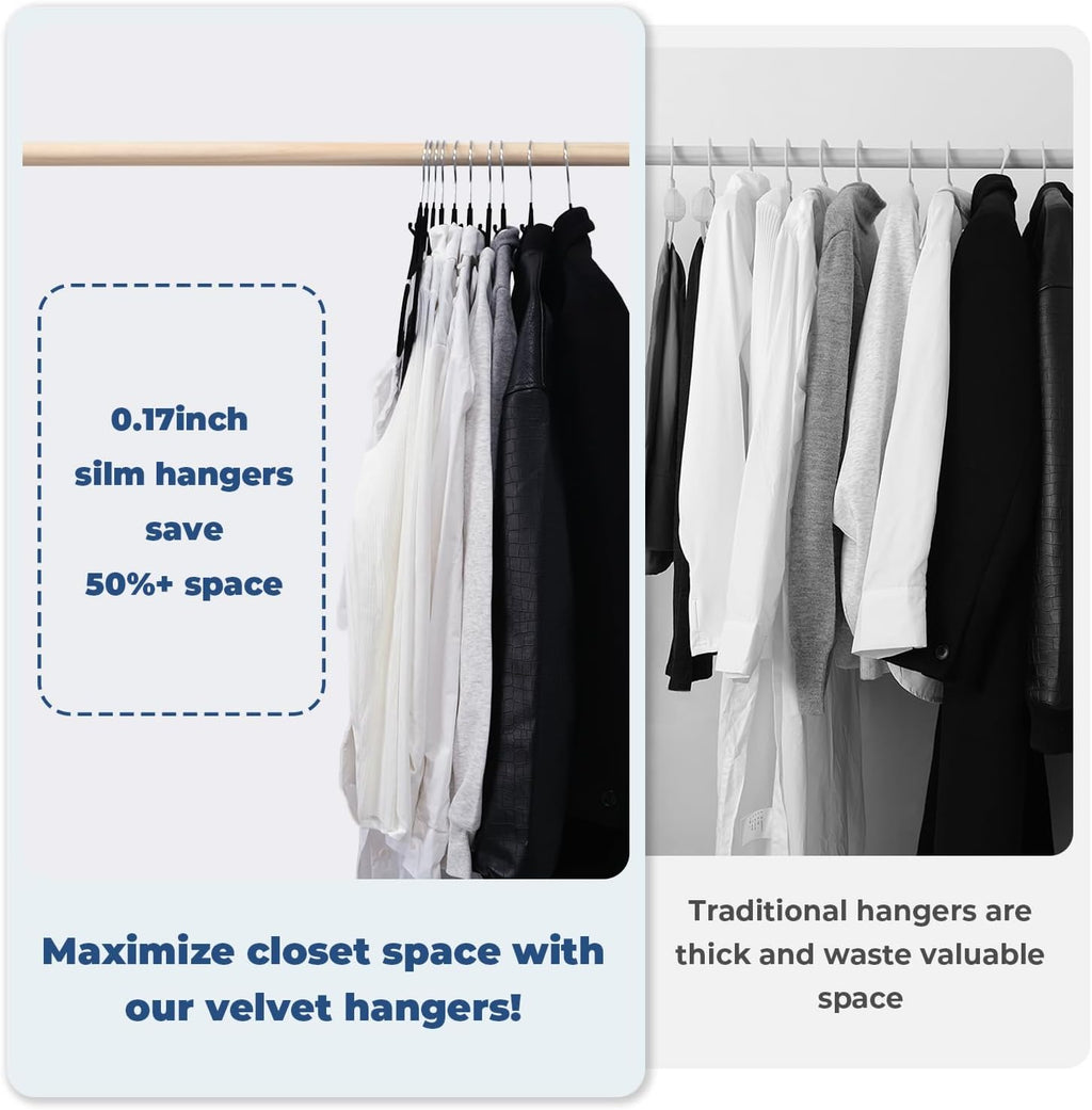 Black Velvet Hangers, Stackable Hanger with Non Slip Felt Fabric | Ultra Thin and Space Saving with 360° Swivel Hook