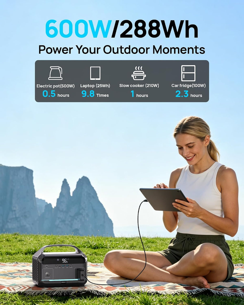 Portable Power Station 600W, 288Wh Solar Generator LiFePO4 Battery Backup, Power Bank with AC Outlet 110V, PD 100W
