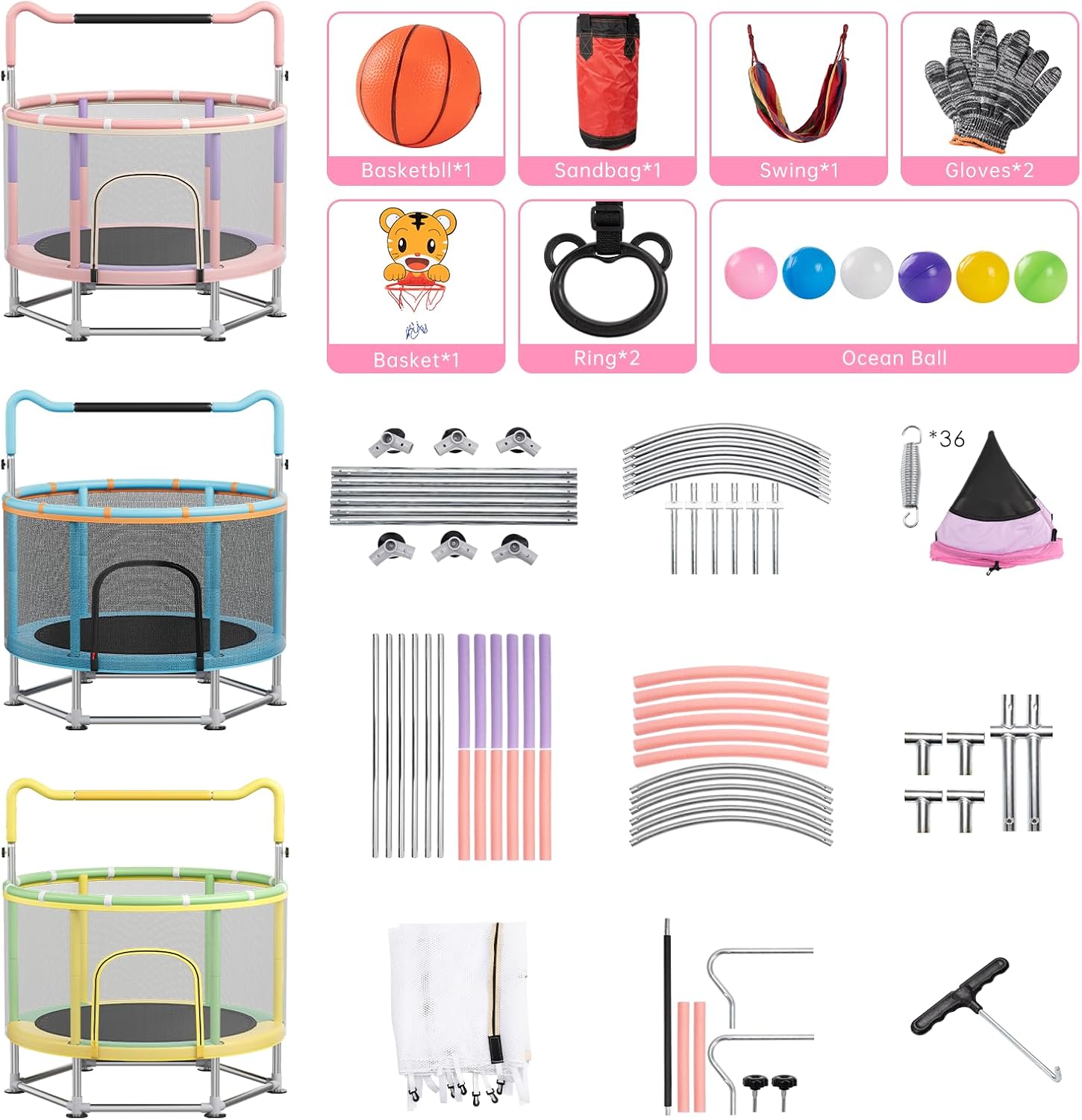 Full Wrap-Around Double Ring Legs 440lbsToddler Trampoline with Net,Trampoline for Kids