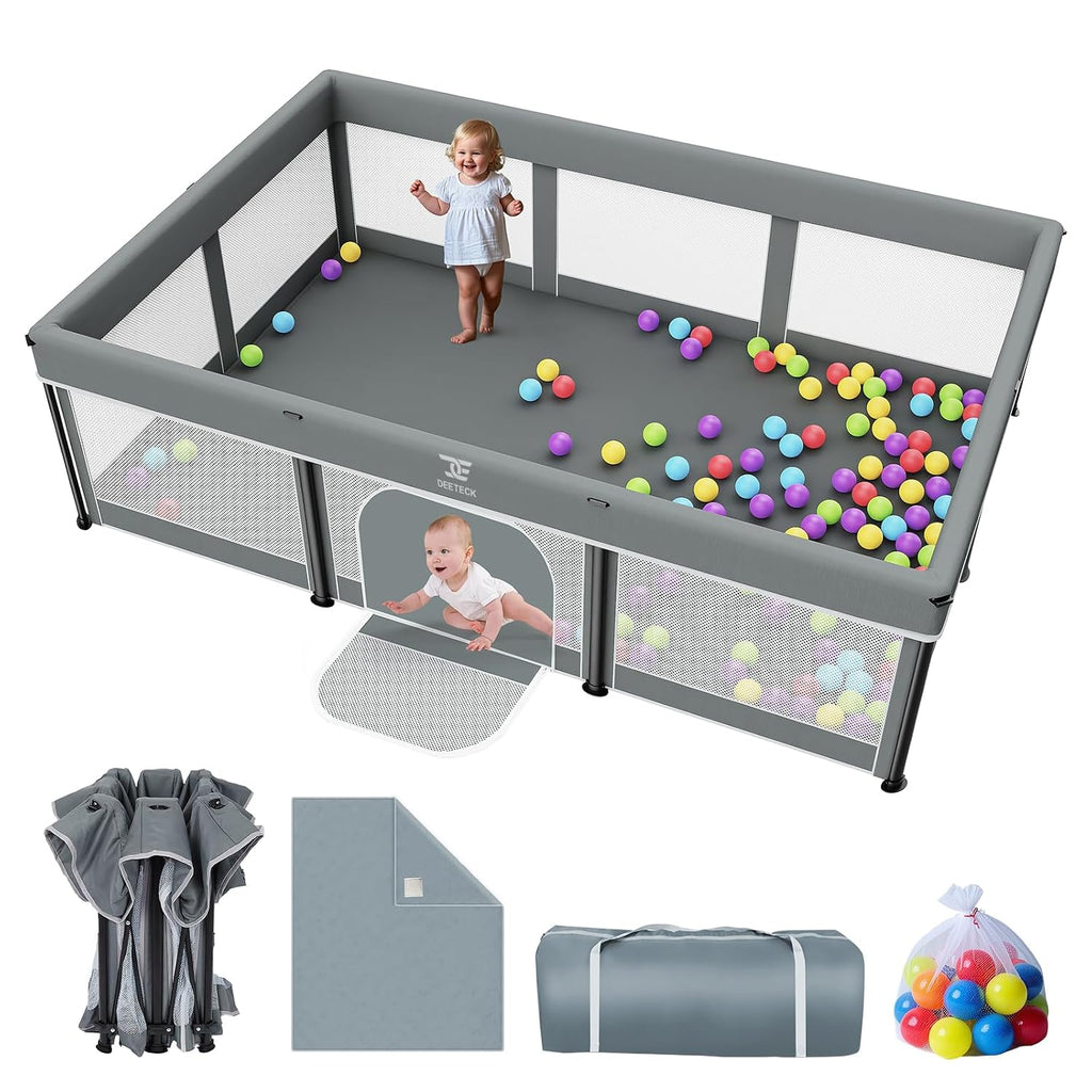 74x50 Foldable Baby Playpen with Mat - Portable Outdoor Play Yard, Grey | Portable Play Pen for Toddlers 1-3, Storage