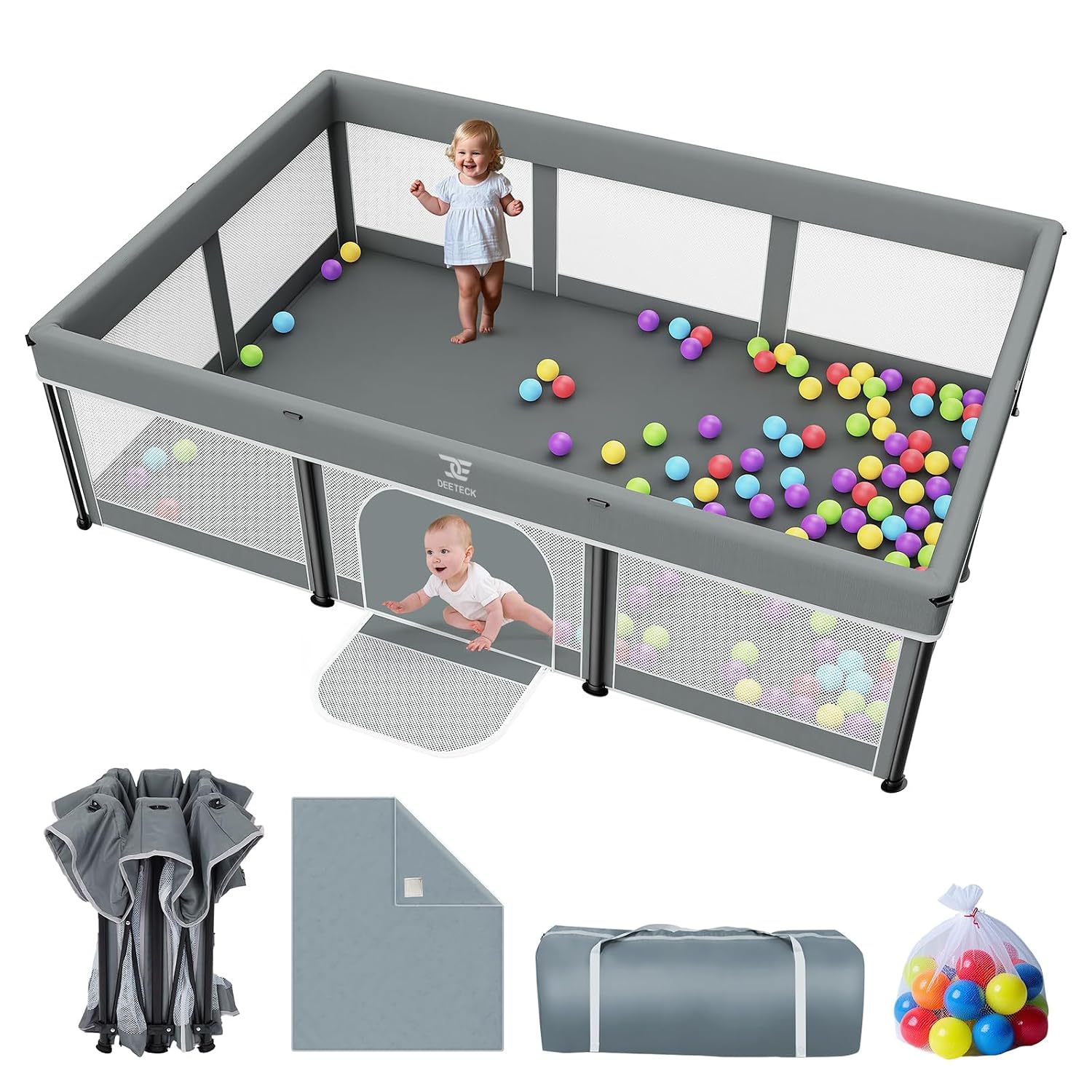 74x50 Foldable Baby Playpen with Mat - Portable Outdoor Play Yard, Grey | Portable Play Pen for Toddlers 1-3, Storage