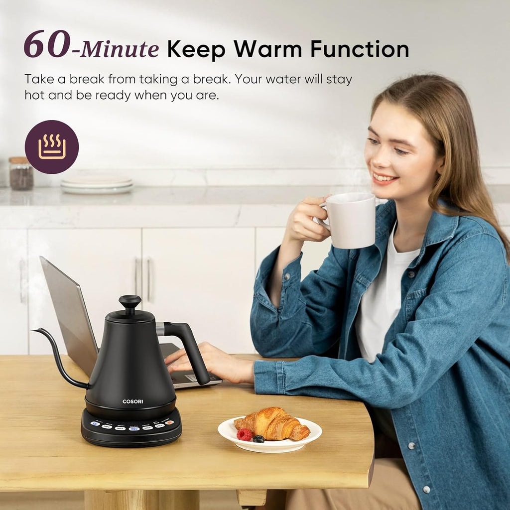 Gooseneck Electric Kettle with Temperature Control, 0.8L, Black | No Plastic Contact with Water, 5 Presets, 60-Min