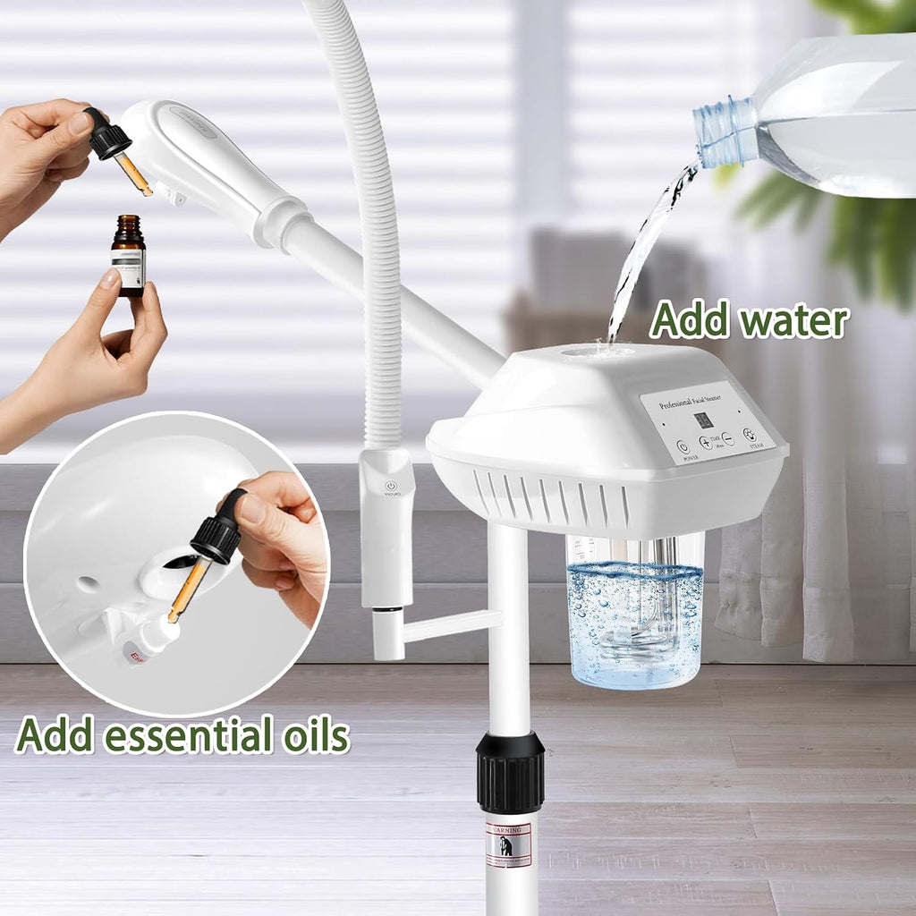 Professional Facial Steamer with 5X Magnifying Lamp,White | Ozone face steamer on wheels,deep cleansing and hydration