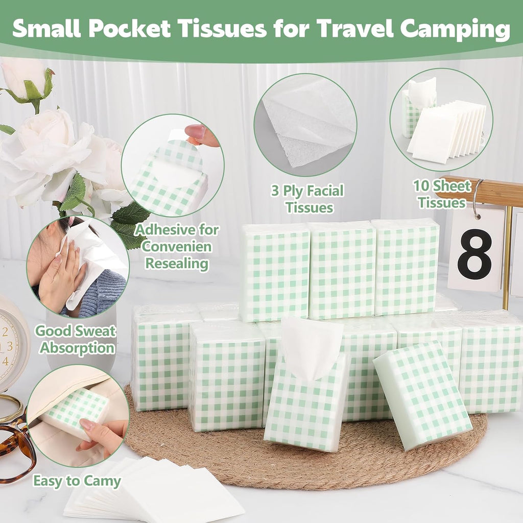 100 Pack Pocket Tissues, 3 Ply Sage Green Gingham Travel Tissues