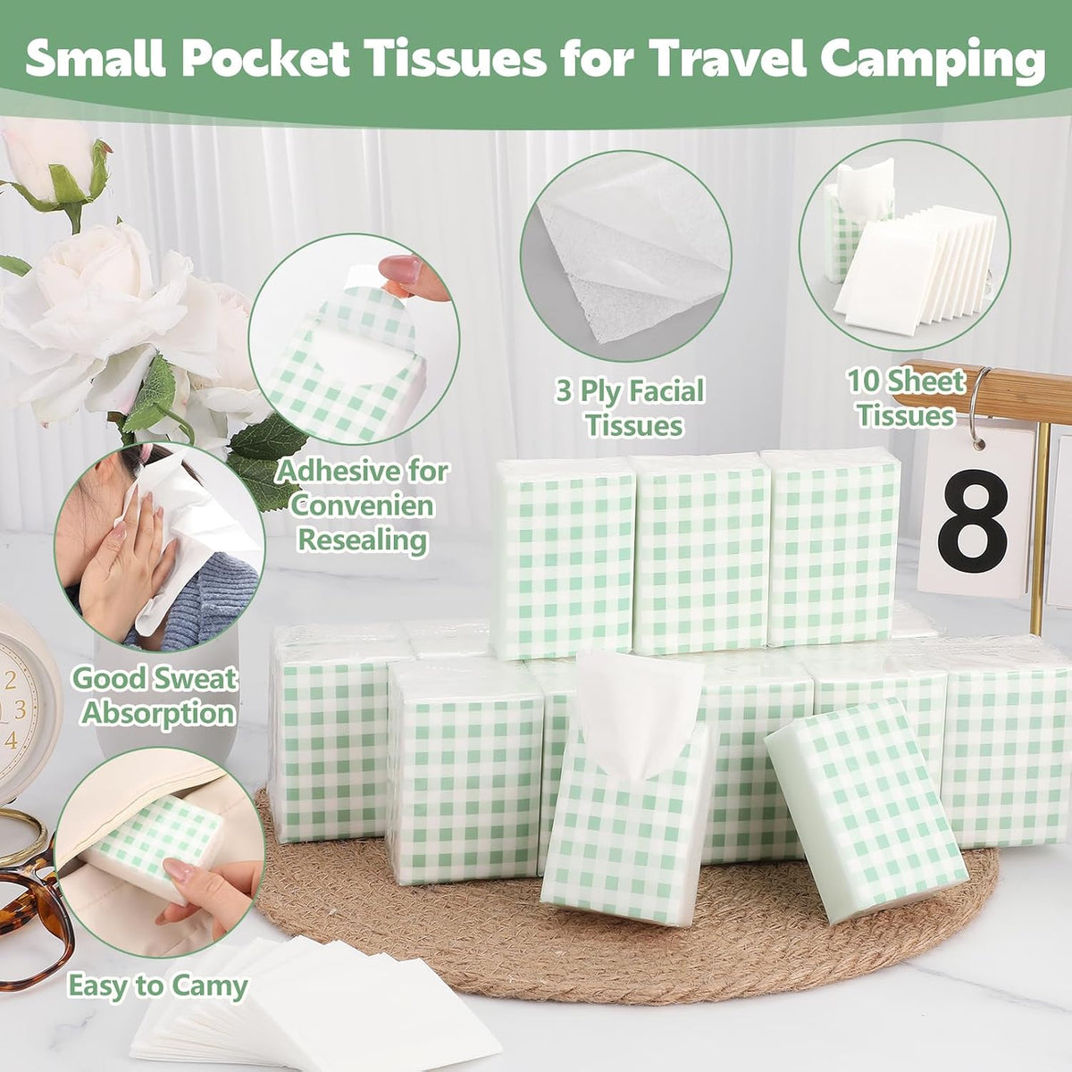 100 Pack Pocket Tissues, 3 Ply Sage Green Gingham Travel Tissues
