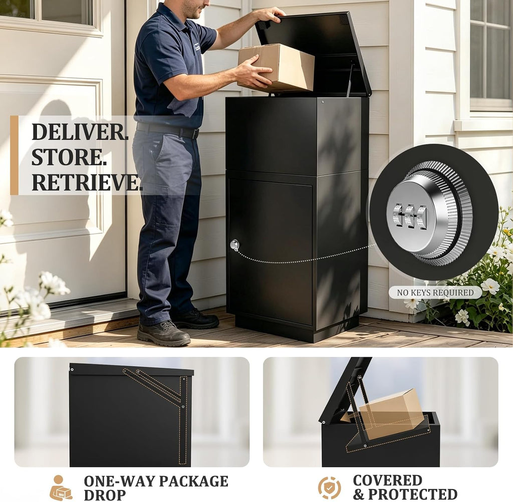 Package Delivery Box for Outside, Galvanized Steel with Code Lock | Raised bolt-down base, anti-theft drop slot