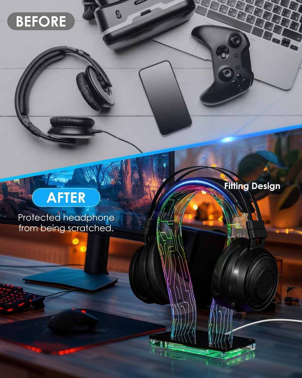 LED Gaming Headphone Stand - RGB Headset Holder for Desk with 60,000+ Colors & App Control, Premium Acrylic USB Light