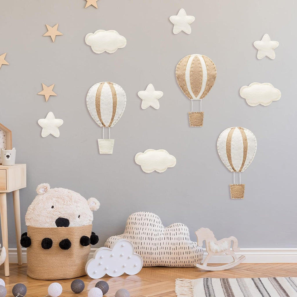 10 Pcs Star Hot Air Balloon and Cloud Nursery Decor Western Wall Decor for Bedroom Mini Felt Clouds Stars Hot Air