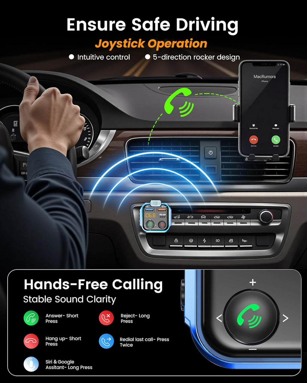 FM Transmitter in-Car Adapter, Wireless Bluetooth 5.3 Radio Car Kit | Type-C PD 20W+ QC3.0 Fast USB Charger