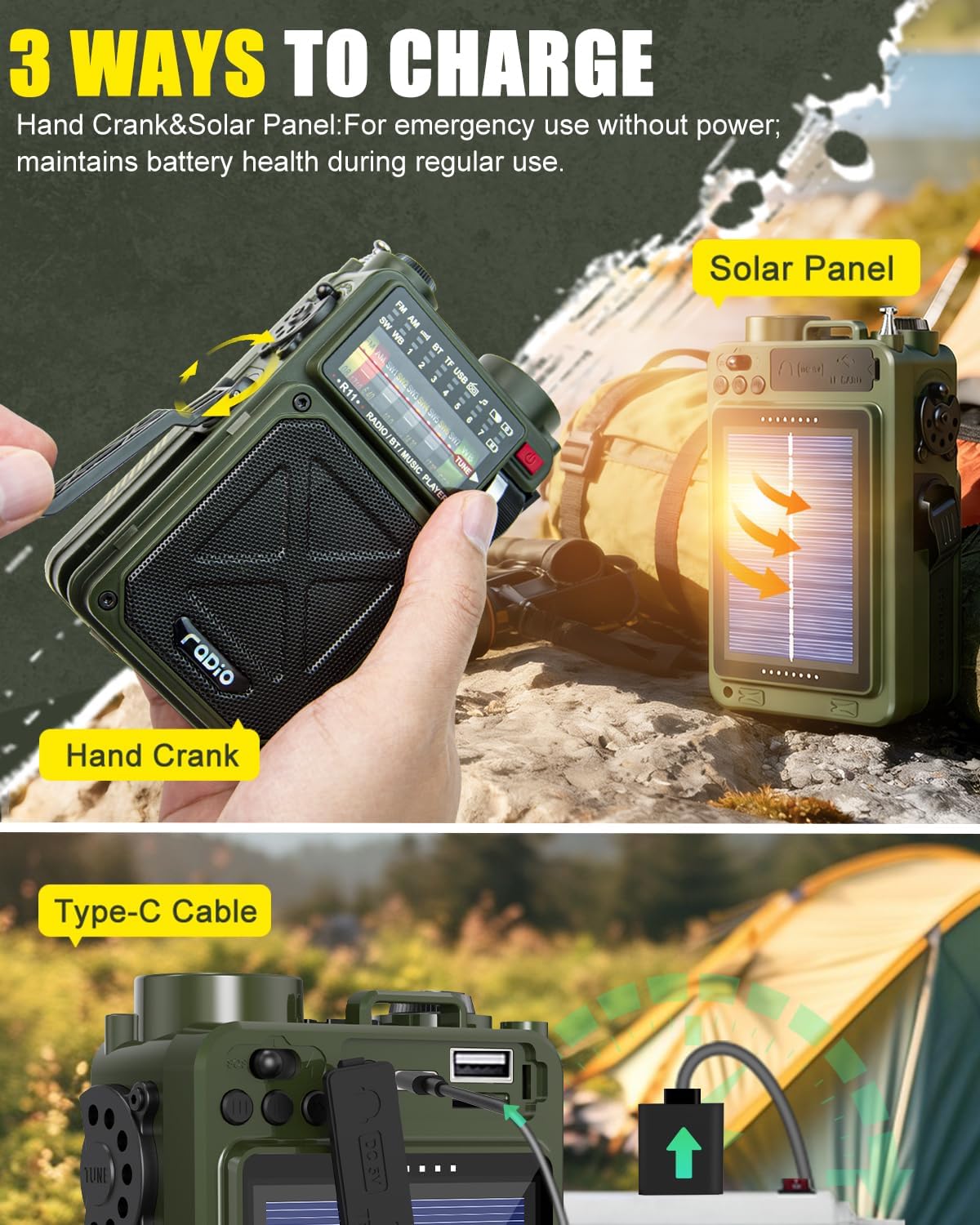 Emergency Radio Hand Crank Solar - NOAA/AM/FM Shortwave Radio for Camping | Bluetooth Speaker,TF Playback,Solar