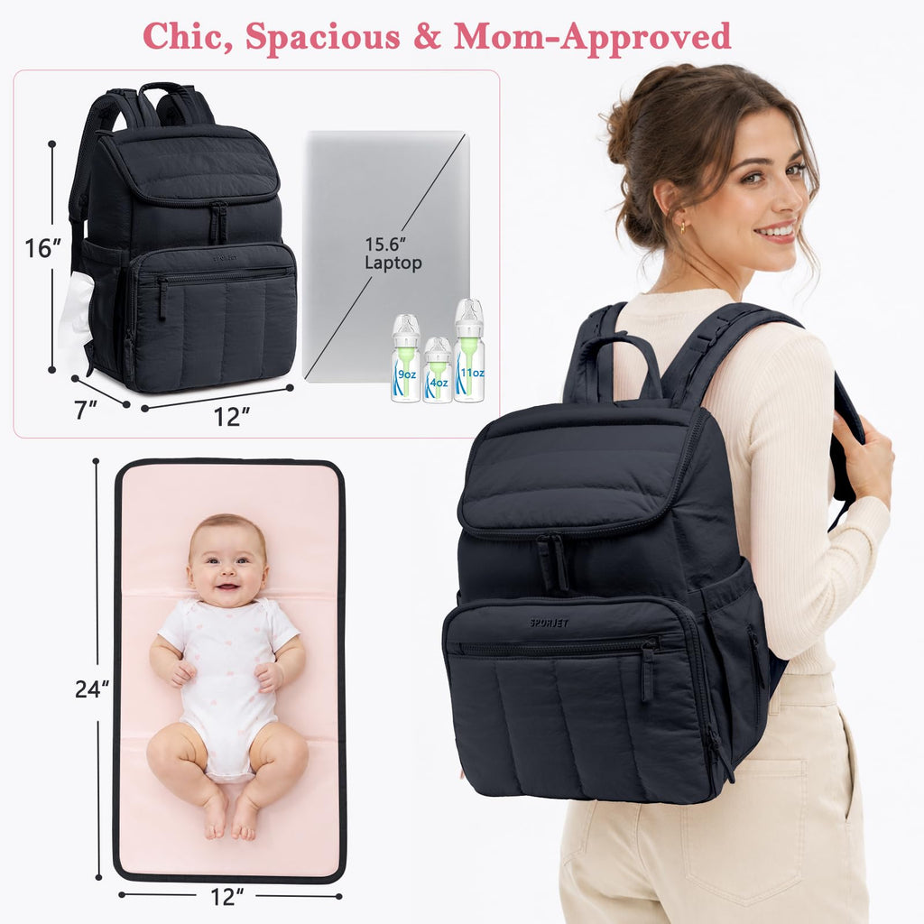 Puffy Diaper Bag Backpack for Mom, Large Quilted Baby Backpack