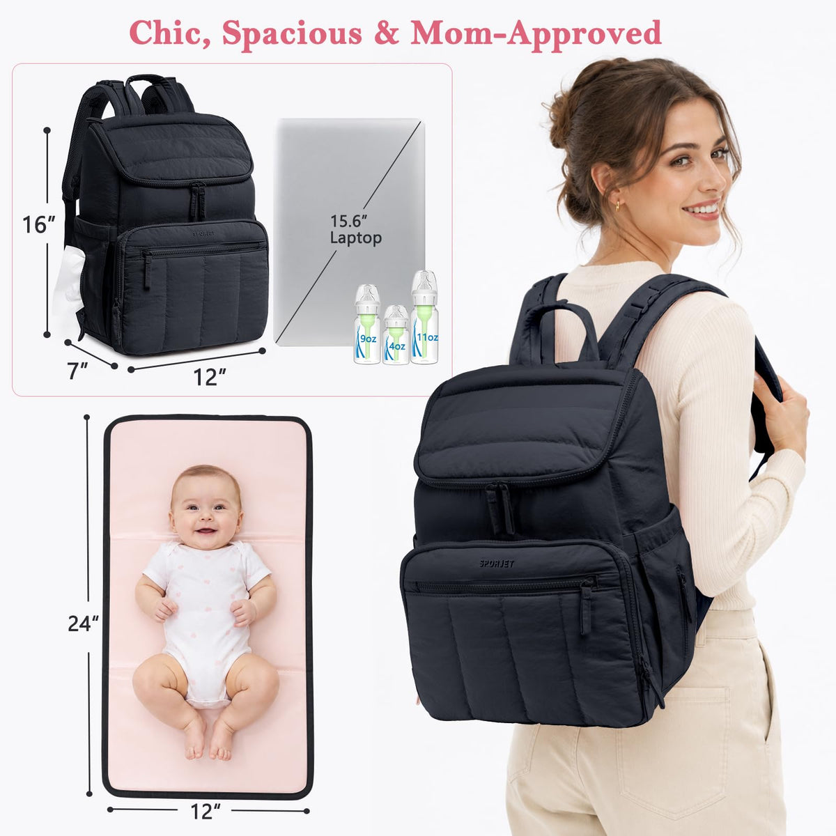 Puffy Diaper Bag Backpack for Mom, Large Quilted Baby Backpack