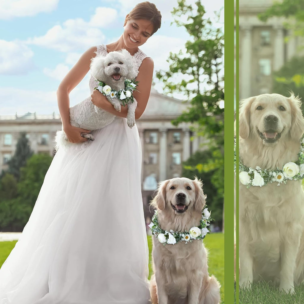 2 Pcs Dog Wedding Flower Collar and Pearl Leash, White,Medium