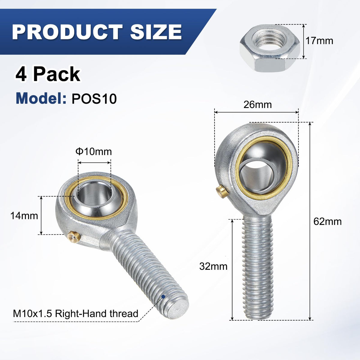 M METERXITY 4pcs POS10 Rod End Bearing,M10x1.5 Right Thread Male Thread