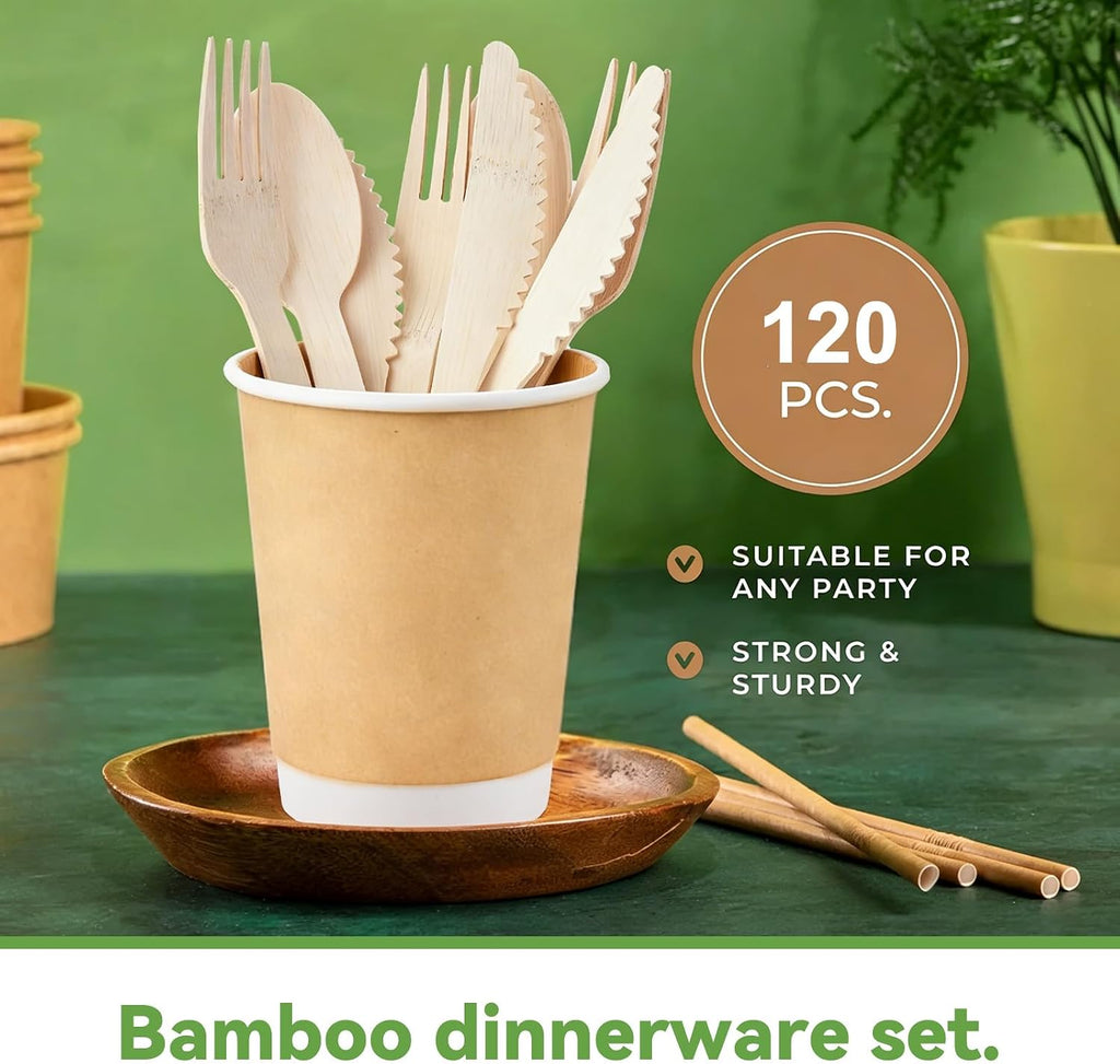 100% Bamboo Cutlery 120 Pack Set Disposable Compostable Utensils