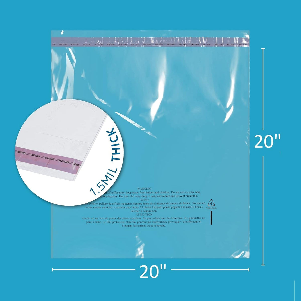 20" x 20" Self Seal Poly Bags, Extra-Large, 100 Pack, 1.5 Mil, for Shipping
