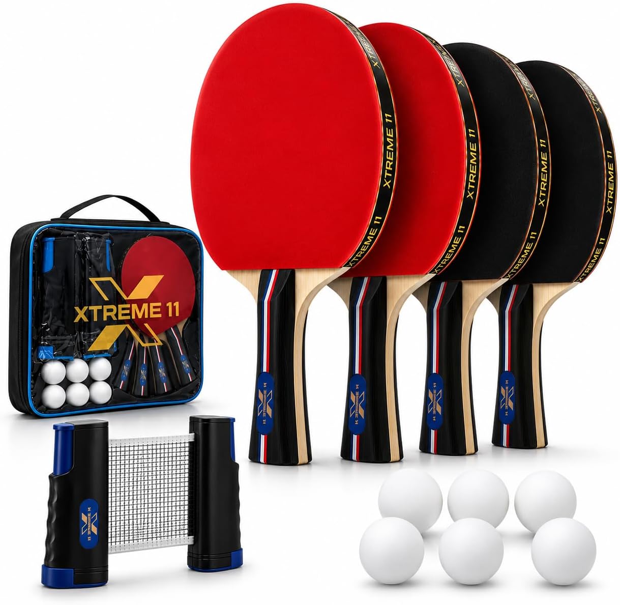 Adult Table Tennis Set, 4 ITTF Paddles, 6 Balls & Retractable Net